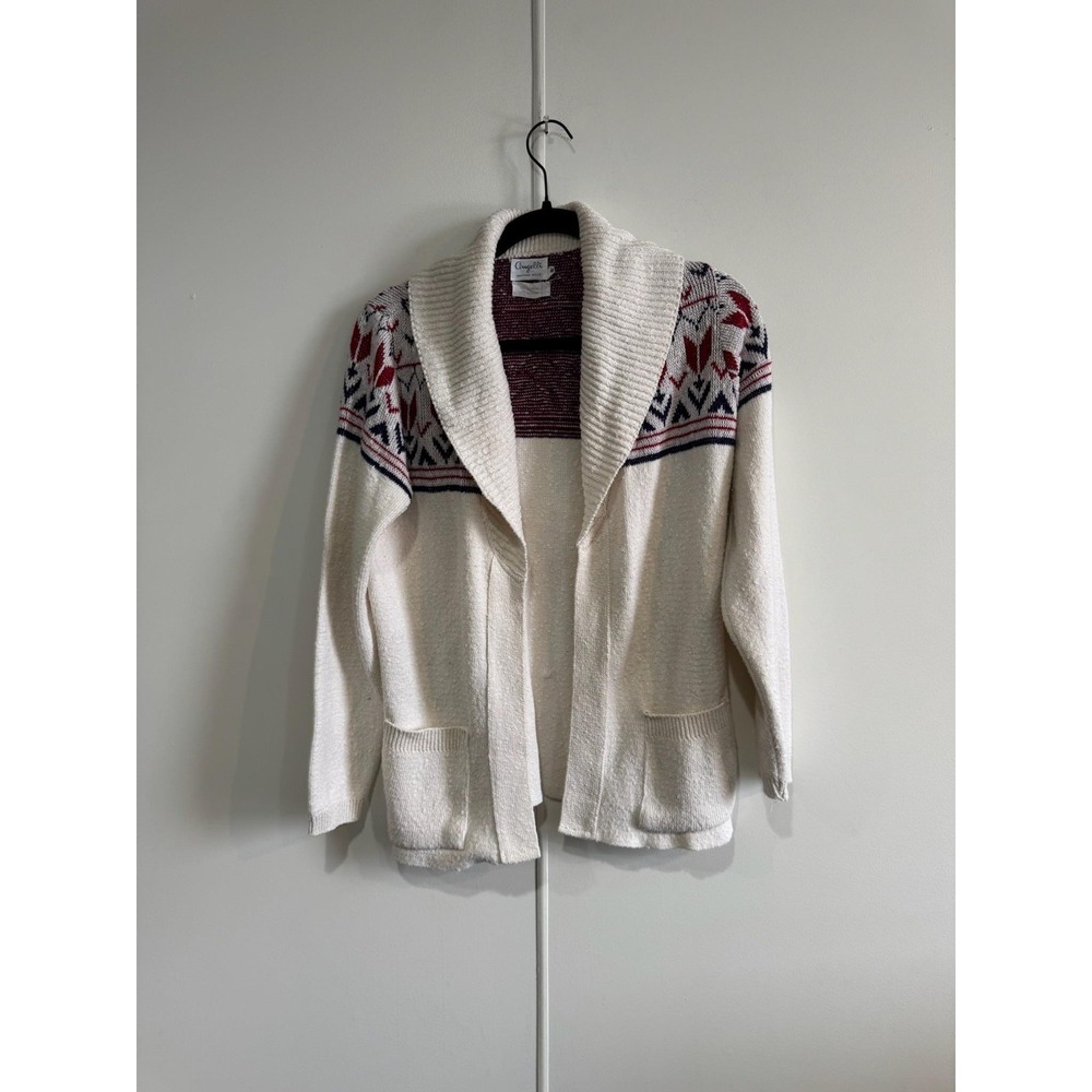 VTG Angelli Knitting Mills‎ Cardigan Sweater Womens 8 White Fair Isle Shawl